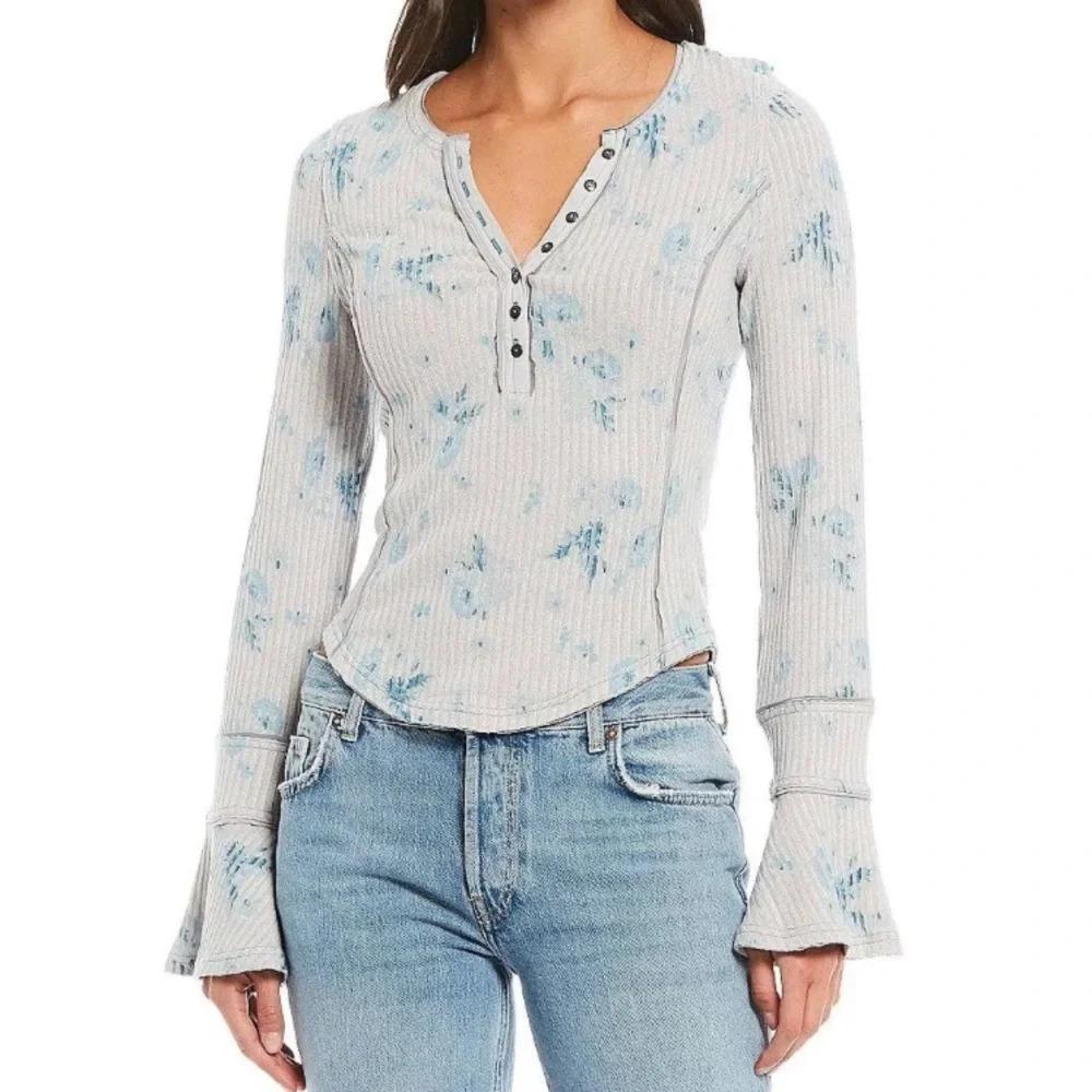 Free People Blue Floral Long Sleeve Top